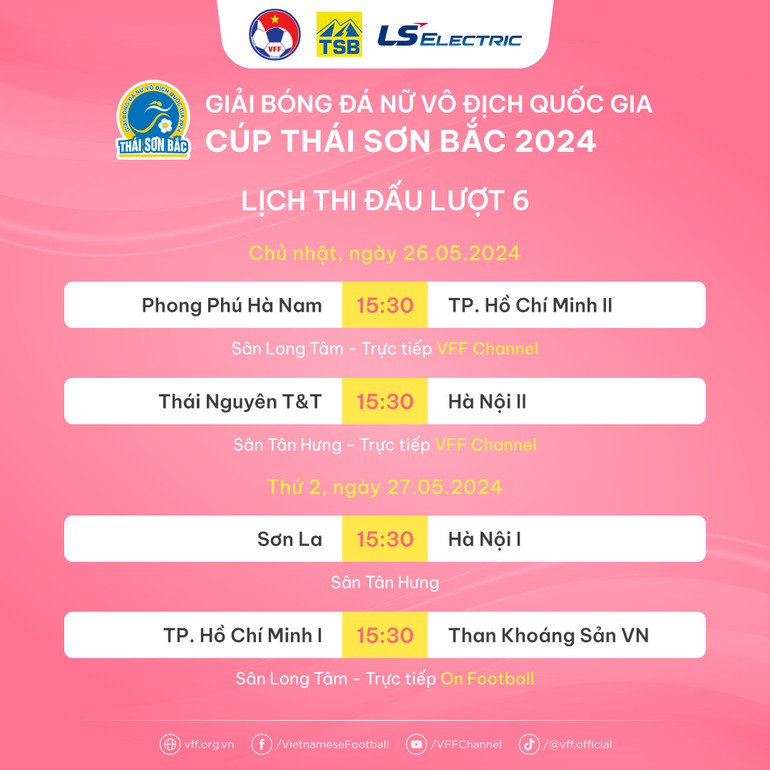 Lịch thi đấu lượt 6 Giải bóng đá nữ vô địch quốc gia.