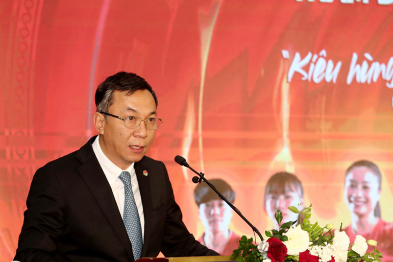 Chủ tịch Liên đoàn Bóng đá Việt Nam Trần Quốc Tuấn phát biểu tại Lễ xuất quân.