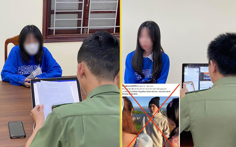 P.T.T.N và P.T.T.B tại cơ quan Công an và hình ảnh trong video “dàn dựng” (ảnh nhỏ).