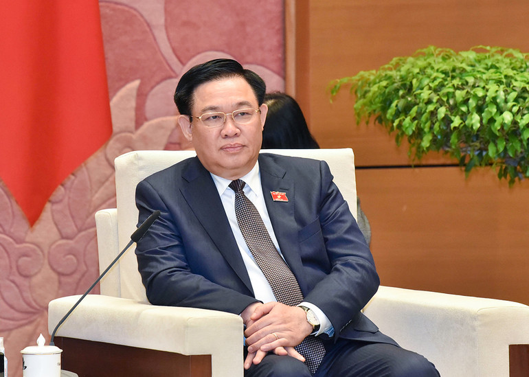 Chủ tịch Quốc hội Vương Đình Huệ phát biểu tại buổi tiếp. (Ảnh Duy Linh)