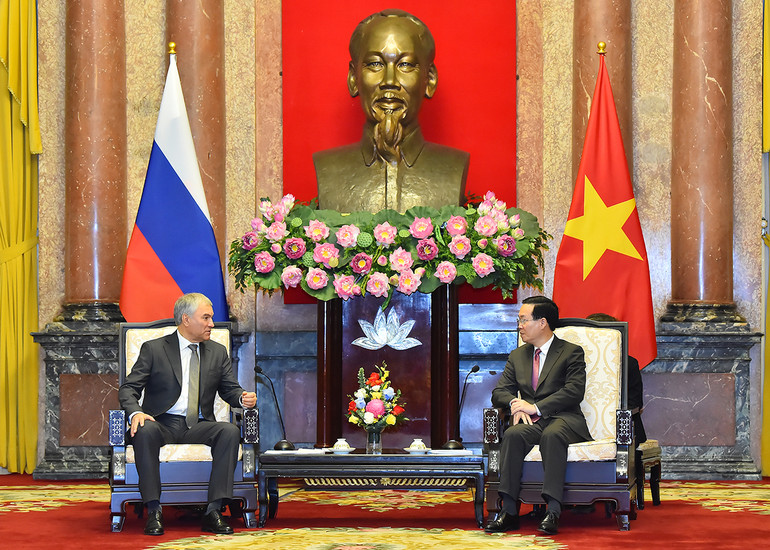 Chủ tịch nước Võ Văn Thưởng tiếp Chủ tịch Duma Quốc gia Quốc hội Liên bang Nga Vyacheslav Viktorovich Volodin. (Ảnh: THỦY NGUYÊN)