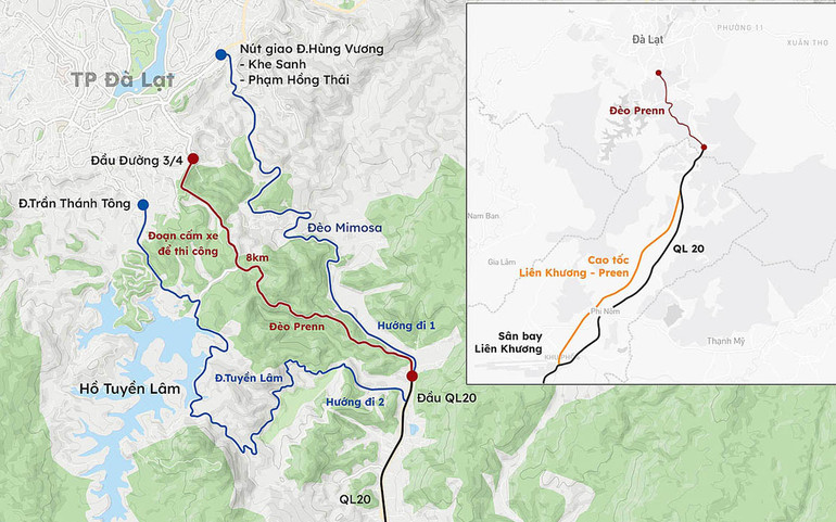 Họa đồ phương án phân luồng giao thông vào thành phố Đà Lạt trong thời gian thi công nâng cấp đèo Prenn.