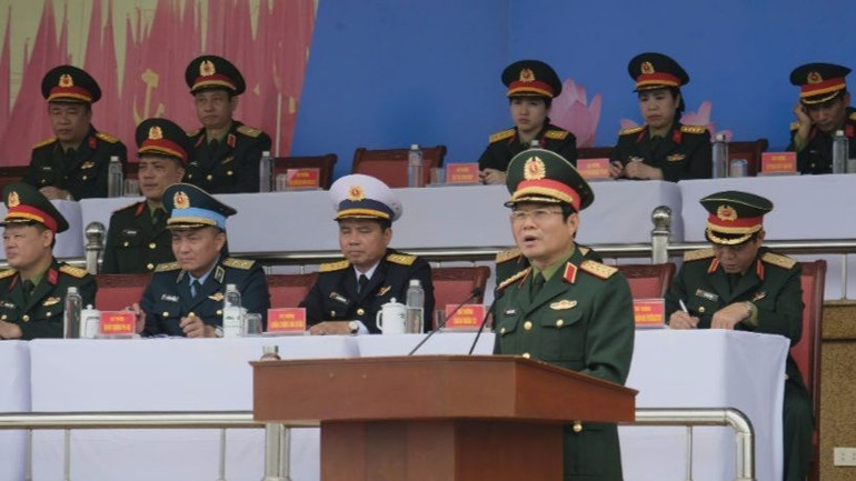 Đại tướng Nguyễn Tân Cương phát biểu kết luận buổi hợp luyện.