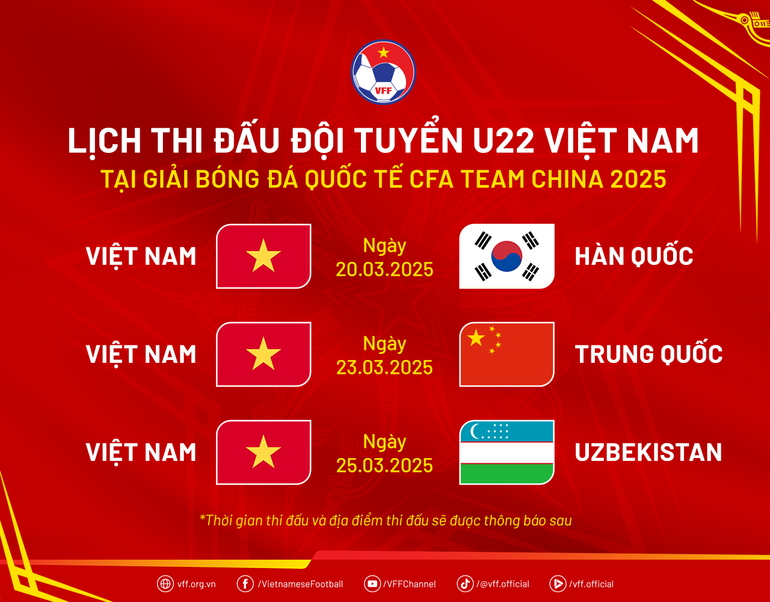 Lịch thi đấu của đội tuyển U22 Việt Nam tại giải CFA Team China 2025. (Nguồn: VFF)