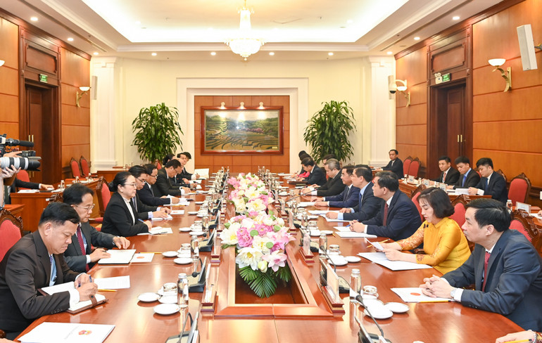 Quang cảnh buổi hội đàm tại Trụ sở Trung ương Đảng. (Ảnh: DUY LINH)