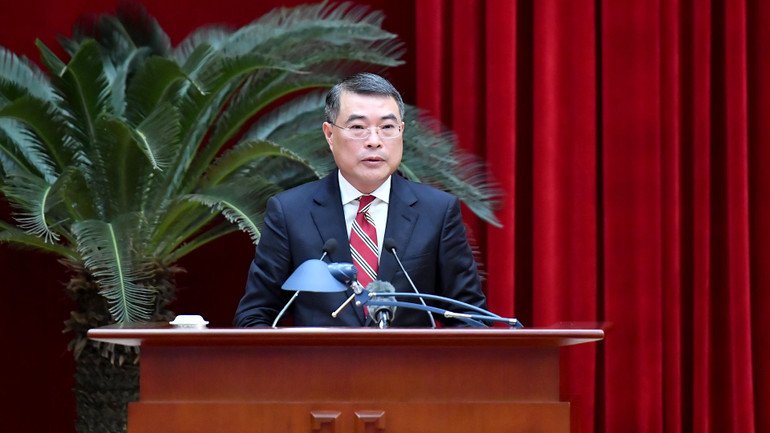 Trưởng Ban Tổ chức Trung ương Lê Minh Hưng phát động thi đua năm 2025. (Ảnh: Đăng Khoa)