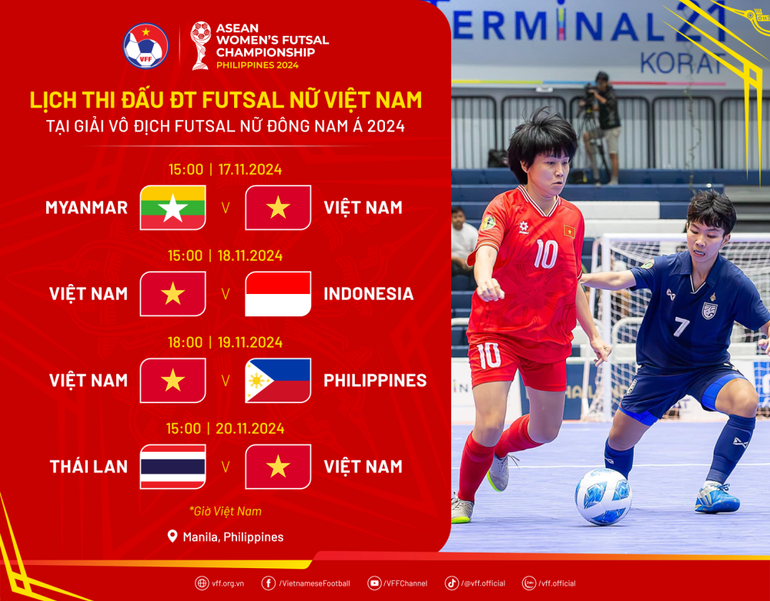 Lịch thi đấu của đội tuyển futsal nữ Việt Nam tại Giải vô địch futsal nữ Đông Nam Á 2024. (Ảnh: VFF) Lịch thi đấu của đội tuyển futsal nữ Việt Nam tại Giải vô địch futsal nữ Đông Nam Á 2024. (Ảnh: VFF)