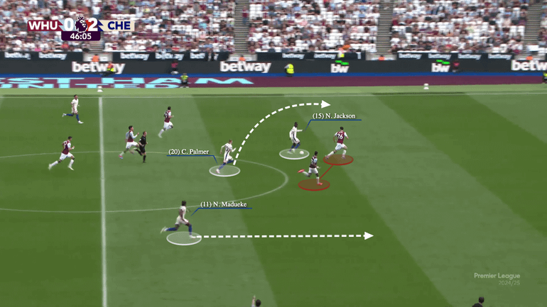 Pha phối hợp của Palmer và Jackson để ghi bàn vào lưới West Ham. (Ảnh: Getty) Pha phối hợp của Palmer và Jackson để ghi bàn vào lưới West Ham. (Ảnh: Getty)