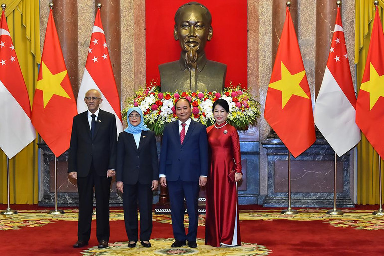 [Ảnh] Chủ tịch nước Nguyễn Xuân Phúc đón, hội đàm với Tổng thống Cộng hòa Singapore Halimah Yacob ảnh 3