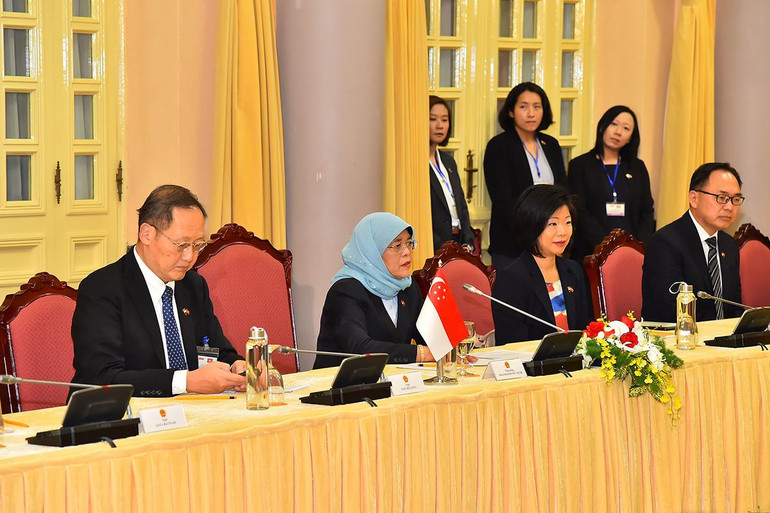 [Ảnh] Chủ tịch nước Nguyễn Xuân Phúc đón, hội đàm với Tổng thống Cộng hòa Singapore Halimah Yacob ảnh 7