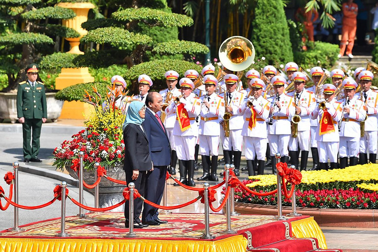 [Ảnh] Chủ tịch nước Nguyễn Xuân Phúc đón, hội đàm với Tổng thống Cộng hòa Singapore Halimah Yacob ảnh 2