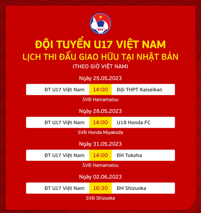 Lịch thi đấu giao hữu của U17 Việt Nam tại Nhật Bản. (Ảnh: VFF)