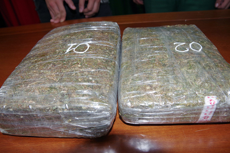 Lực lượng chức năng phát hiện trong ba lô của đối tượng Thiên có 2 bánh ma túy dạng cần sa khô.