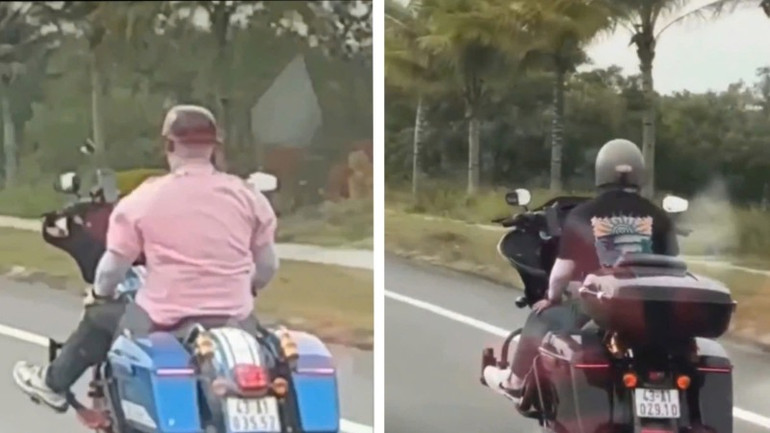 Hình ảnh 2 người đàn ông điều khiển xe mô-tô buông cả 2 tay khi đang điều khiển xe đăng tải trên mạng xã hội.