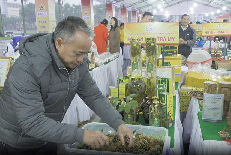 Gian hàng triển lãm, giới thiệu sản phẩm sâm Ngọc Linh của huyện Nam Trà My (Quảng Nam)