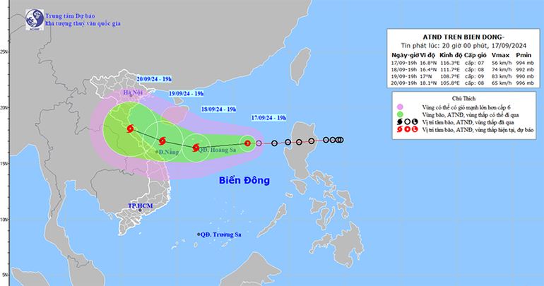 Bản đồ dự báo quỹ đạo và cường độ áp thấp nhiệt đới lúc 20 giờ ngày 17/9.
