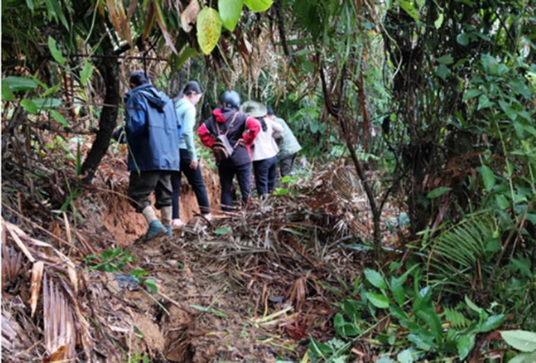 Lực lượng chức năng kiểm tra, theo dõi diễn biến vết nứt trên đồi sau khu dân cư tại thôn 56B xã Đắc Pre.