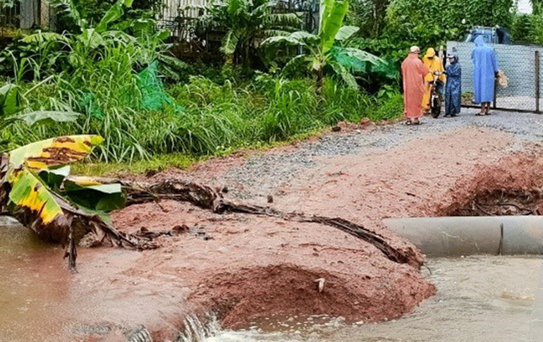 Mưa lũ làm đường dẫn tạm cầu ĐH9 thuộc xã Tam Lãnh, huyện Phú Ninh bị sạt lở.