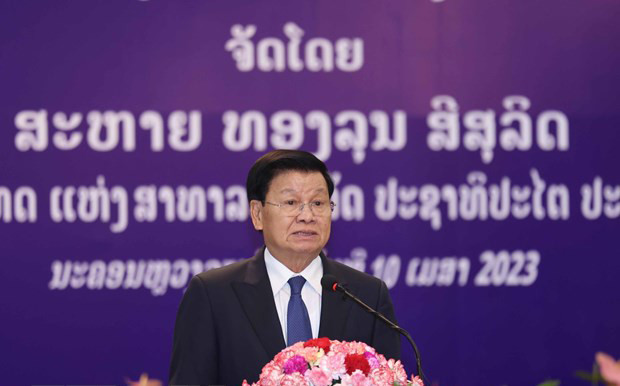 Tổng Bí thư, Chủ tịch nước Lào Thongloun Sisoulith phát biểu tại tiệc chiêu đãi.