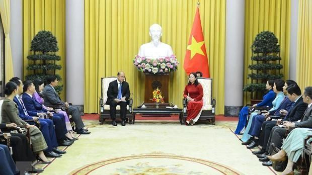 Phó Chủ tịch nước Võ Thị Ánh Xuân tiếp Đoàn đại biểu Hội Liên hiệp thanh niên Campuchia. (Ảnh: Minh Đức/TTXVN)