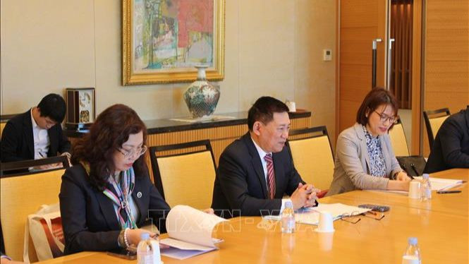 Bộ trưởng Tài chính Hồ Đức Phớc trong buổi làm việc với Chủ tịch Ngân hàng Mizuho. (Ảnh: Phạm Tuân/TTXVN)