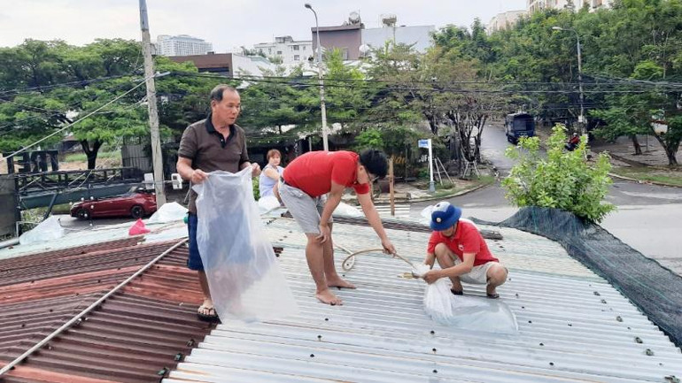 Các tình nguyện viên giúp các gia đình chằng chống nhà cửa.