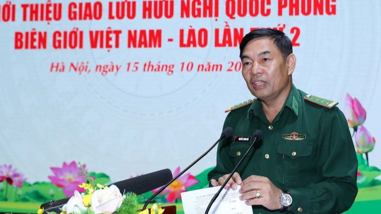 Đại tá Nguyễn Thanh Hải, Phó Chủ nhiệm Chính trị Bộ đội Biên phòng thông tin về các hoạt động trong khuôn khổ Giao lưu hữu nghị quốc phòng biên giới Việt Nam-Lào lần thứ 2 tại buổi gặp mặt báo chí.