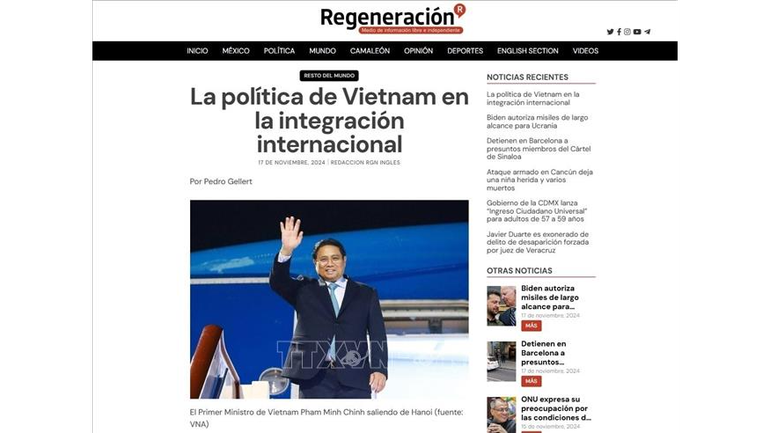Bài viết có tựa đề “Chính sách hội nhập quốc tế của Việt Nam” trên tờ Regeneración. (Ảnh: TTXVN phát) Bài viết có tựa đề “Chính sách hội nhập quốc tế của Việt Nam” trên tờ Regeneración. (Ảnh: TTXVN phát)