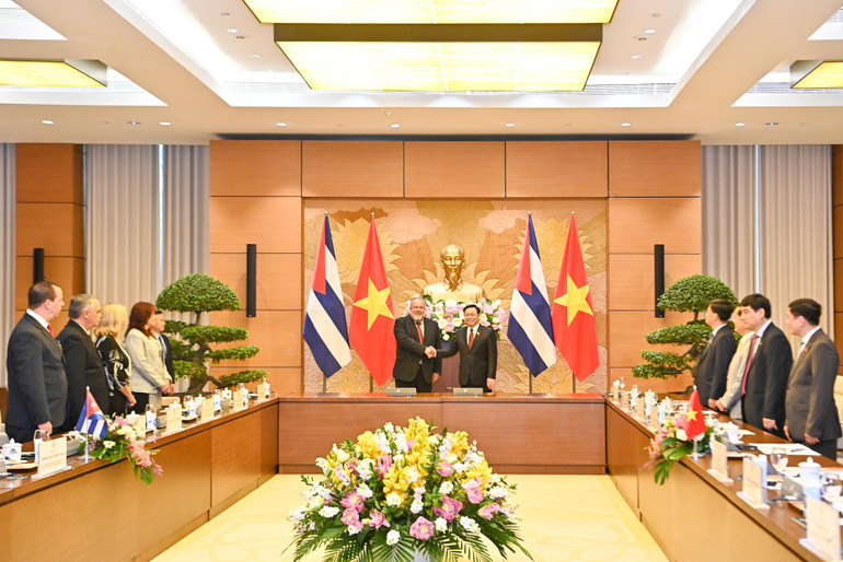 Chủ tịch Quốc hội Vương Đình Huệ và Thủ tướng Cộng hòa Cuba Manuel Marrero Cruz tại buổi hội kiến.