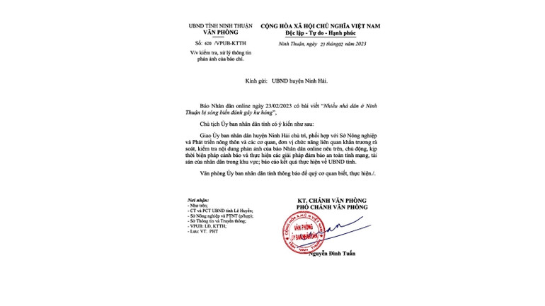 Văn bản số 620/VPUB-KTXH của Văn phòng Ủy ban nhân dân tỉnh Ninh Thuận.