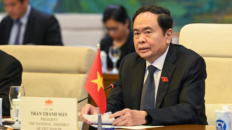 Chủ tịch Quốc hội Trần Thanh Mẫn phát biểu tại cuộc tiếp. (Ảnh: DUY LINH)