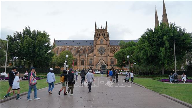 Chiều 24/12, người dân bắt đầu đổ về Nhà thờ St Mary (Sydney, Australia) để tận hưởng không khí đón Giáng sinh 2024. (Ảnh: Lê Đạt/PV TTXVN tại Australia)