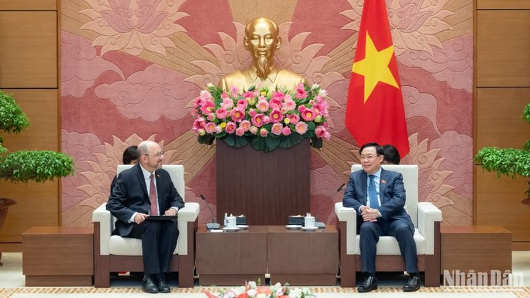 Chủ tịch Quốc hội Vương Đình Huệ tiếp Đại sứ đặc mệnh toàn quyền Liên bang Thụy Sĩ tại Việt Nam Thomas Gass. (Ảnh: Duy Linh)