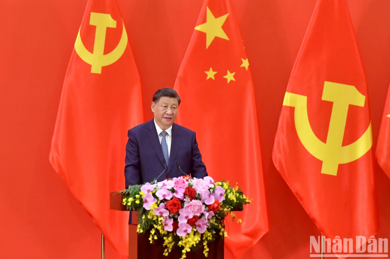 Tổng Bí thư, Chủ tịch Trung Quốc Tập Cận Bình phát biểu tại buổi gặp gỡ nhân sĩ hữu nghị và thế hệ trẻ Việt Nam-Trung Quốc. (Ảnh: Đăng Khoa)