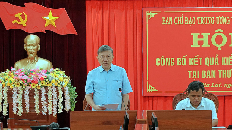 Đại tướng, Bộ trưởng Công an, Trưởng Đoàn Kiểm tra số 04 của Ban Chỉ đạo Trung ương về phòng, chống tham nhũng, tiêu cực phát biểu tại Hội nghị.