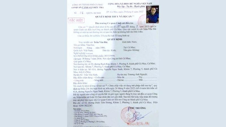 Lệnh truy nã đặc biệt của Công an TP Cà Mau đối với bị can Trần Văn Đãi.