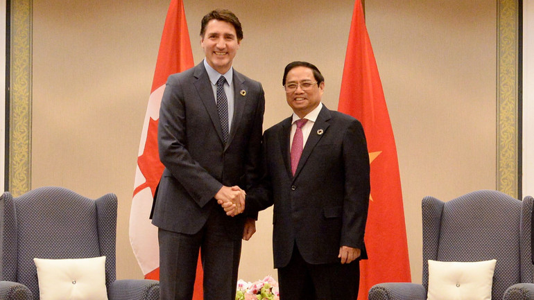 Thủ tướng Phạm Minh Chính gặp Thủ tướng Canada Justin Trudeau. (Ảnh: Thanh Giang)