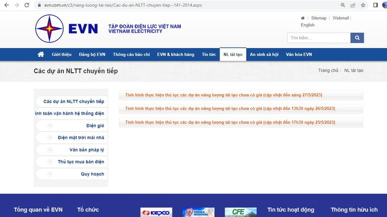 Ảnh chụp trang mạng về tình hình thực hiện thủ tục các dự án năng lượng tái tạo chuyển tiếp.