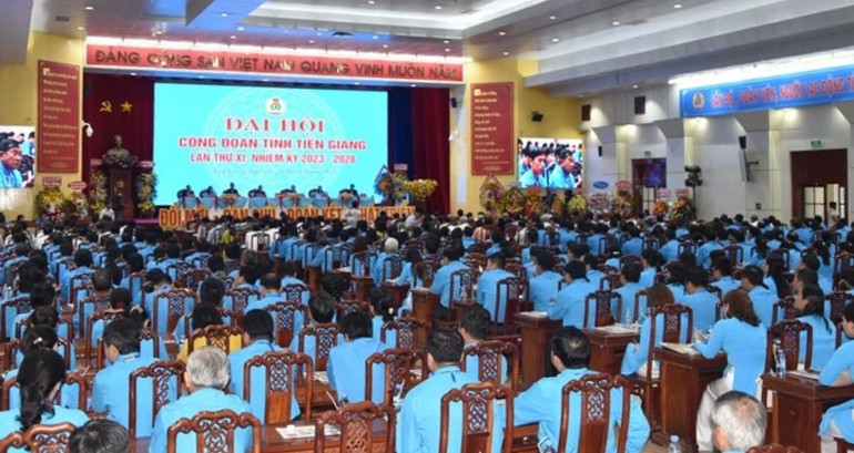 Toàn cảnh Đại hội Công đoàn tỉnh Tiền Giang lần thứ 11, nhiệm kỳ 2023-2028.
