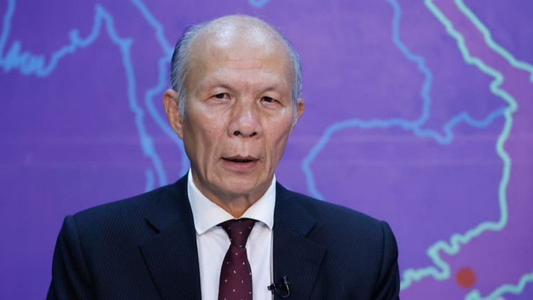 Phó Giáo sư, Tiến sĩ Đinh Trọng Thịnh, chuyên gia kinh tế, nguyên Trưởng Khoa Tài chính quốc tế, Học viện Tài chính phát biểu tại Toạ đàm. (Ảnh: VGP)