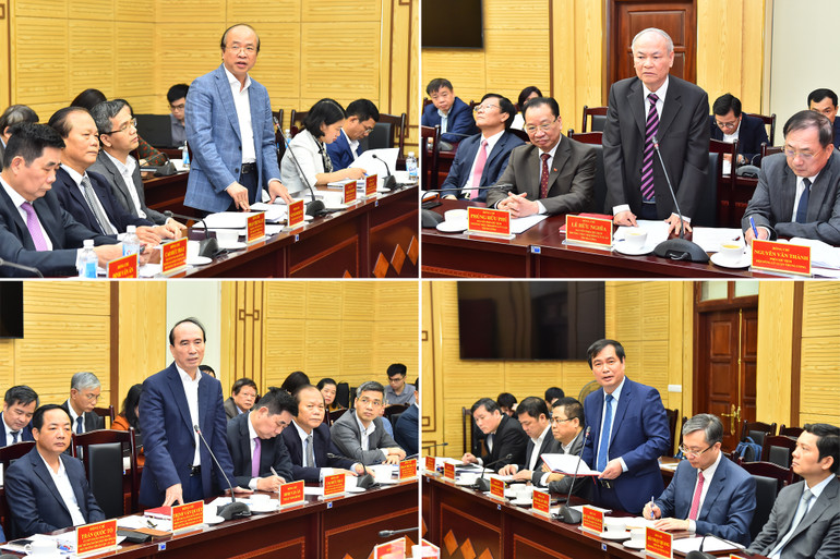 Các thành viên Hội đồng Lý luận Trung ương nhiệm kỳ 2021-2026 phát biểu tại buổi làm việc.