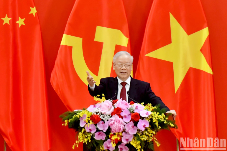 Tổng Bí thư Nguyễn Phú Trọng phát biểu tại buổi gặp gỡ nhân sĩ hữu nghị và thế hệ trẻ Việt Nam-Trung Quốc. (Ảnh: Đăng Khoa)