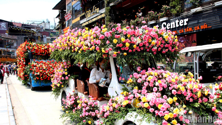 Xe kết hoa hồng diễu hành trên đường phố Sa Pa. (Ảnh: QUỐC HỒNG)