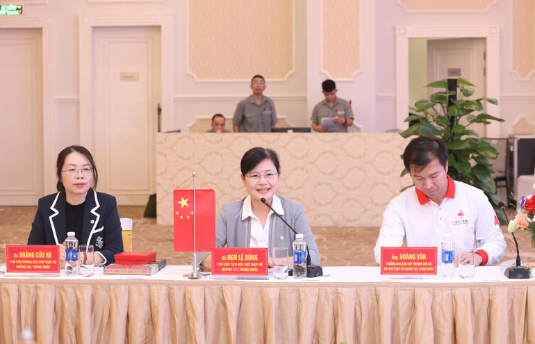 Bà Ngũ Lệ Đông, Phó Chủ tịch Hội Chữ thập đỏ Khu tự trị dân tộc Choang Quảng Tây, Trung Quốc phát biểu tại Hội đàm.