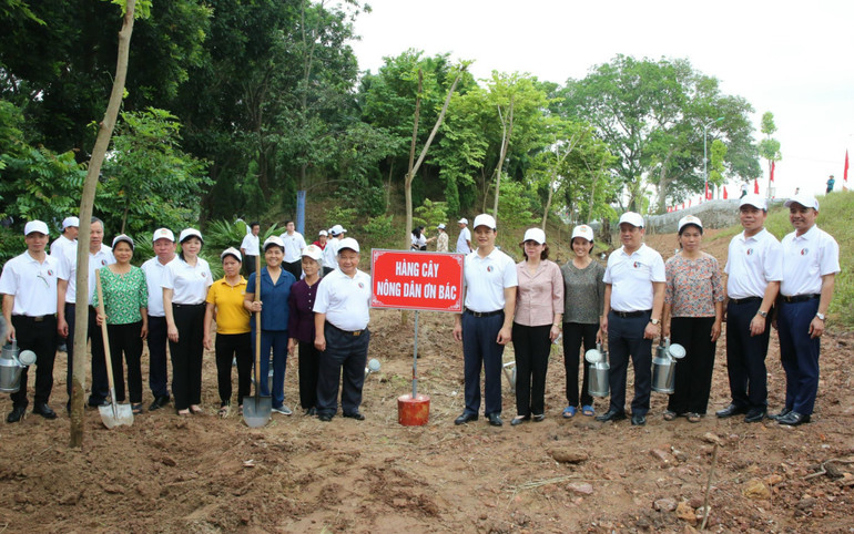 Các đại biểu trồng cây hưởng ứng trong khuôn viên Khu di tích Lăng và Đền thờ Kinh Dương Vương.