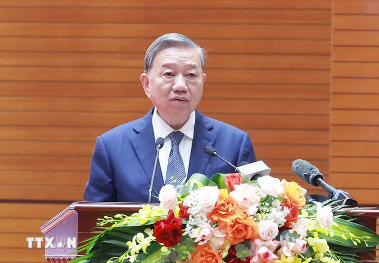 Tổng Bí thư Tô Lâm phát biểu tại cuộc gặp mặt. (Ảnh: TTXVN)