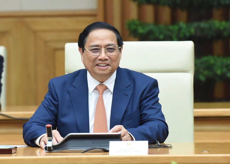 Thủ tướng Phạm Minh Chính phát biểu tại cuộc gặp. (Ảnh: TRẦN HẢI)