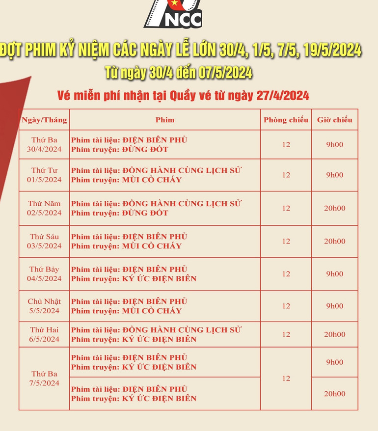 Lịch chiếu phim tại Trung tâm Chiếu phim Quốc gia.