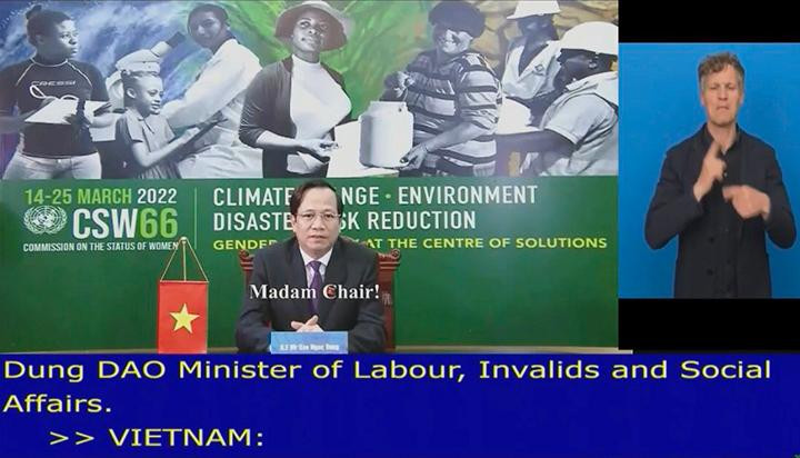 Bộ trưởng Lao động-Thương binh và Xã hội Đào Ngọc Dung phát biểu tại Khóa họp (Ảnh: Molisa). Việt Nam dành nhiều ưu tiên về bình đẳng giới và trao quyền cho phụ nữ, trẻ em gái trong biến đổi khí hậu -0