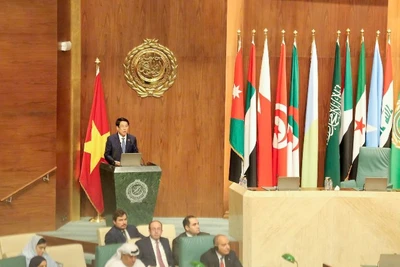 Chủ tịch nước phát biểu chính sách tại Liên đoàn Arab. (Ảnh: XUÂN KỲ) 